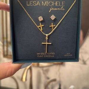 Lesa Michele 14K Gold Plated Necklace + Earrings Elegant Jewelry